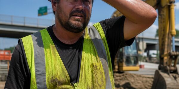 Construction worker outside suffering from symptoms of heat illness in the workplace