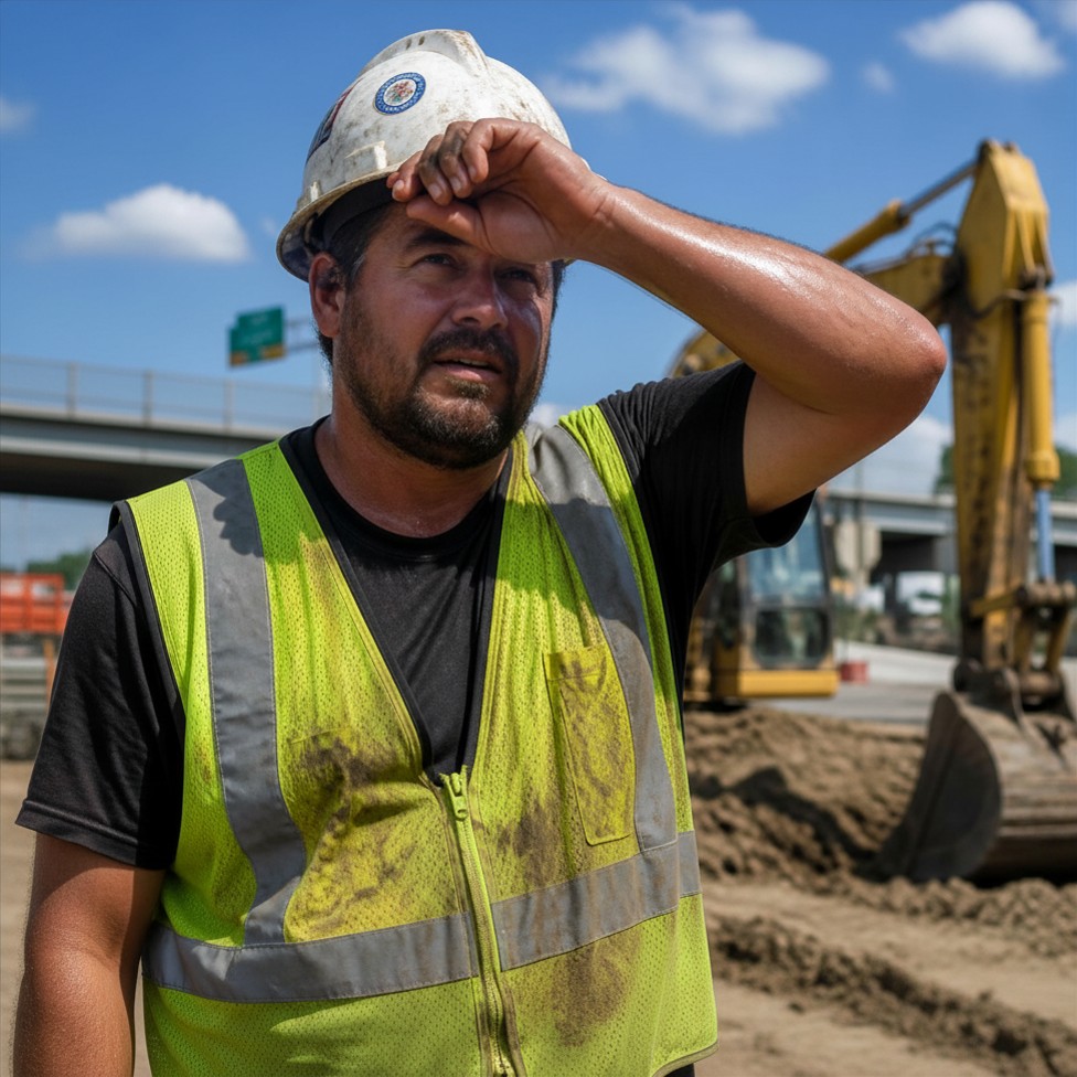 Construction worker outside suffering from symptoms of heat illness in the workplace